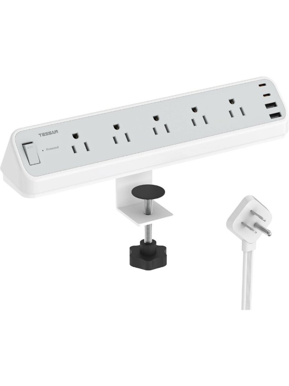 10 Ft Desk Clamp Power Strip with 2100J Surge Protector - Gray, Ideal for Home